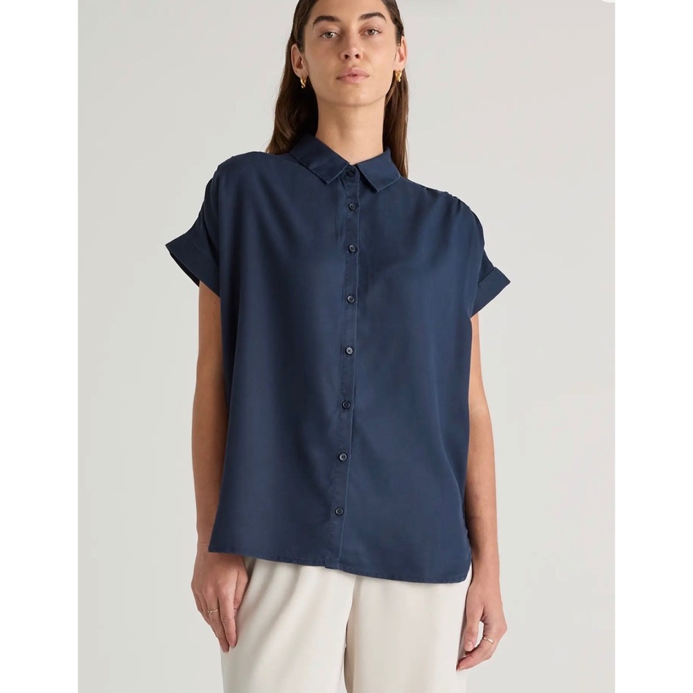 Quince Womens XS Midnight Blue Vintage Wash Tencel Camp Button Front Shirt